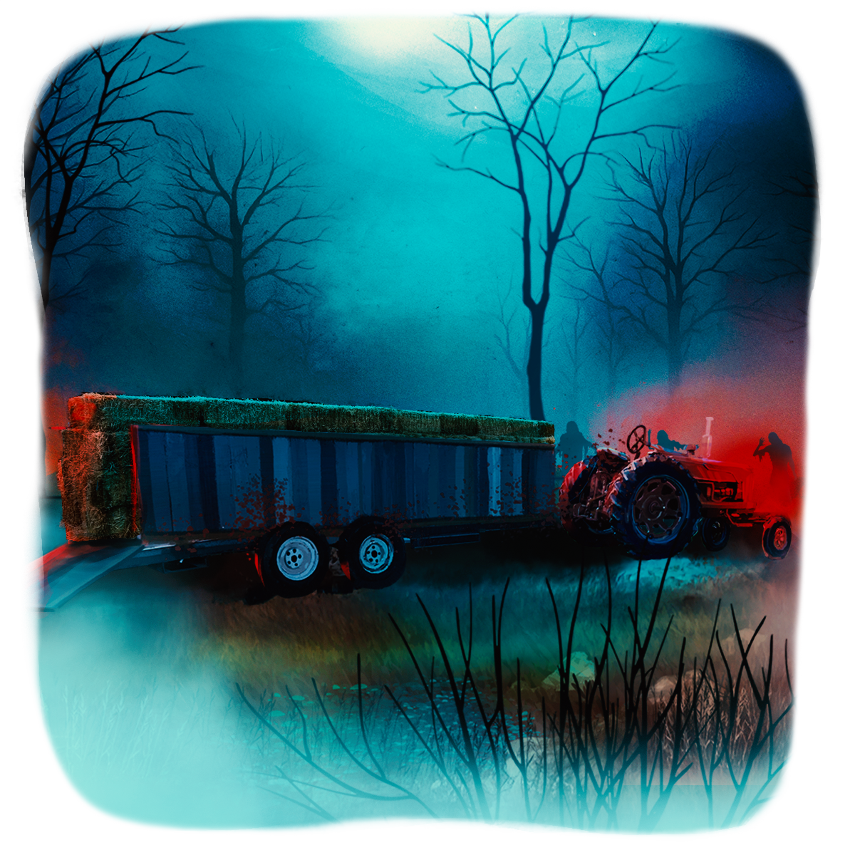 Fog-lit tractor and trailer on the Acres of Madness grounds at night