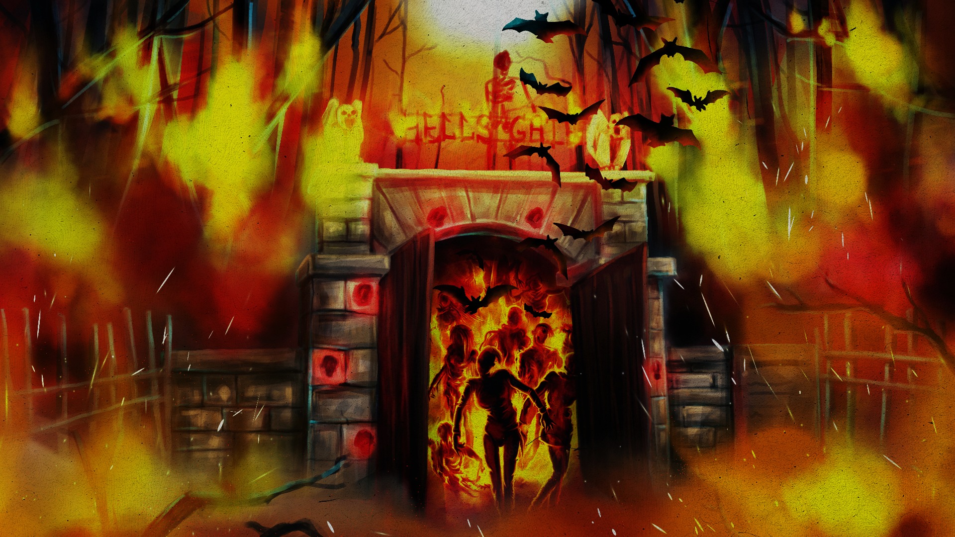 Fiery Hells Gate haunted house entrance artwork