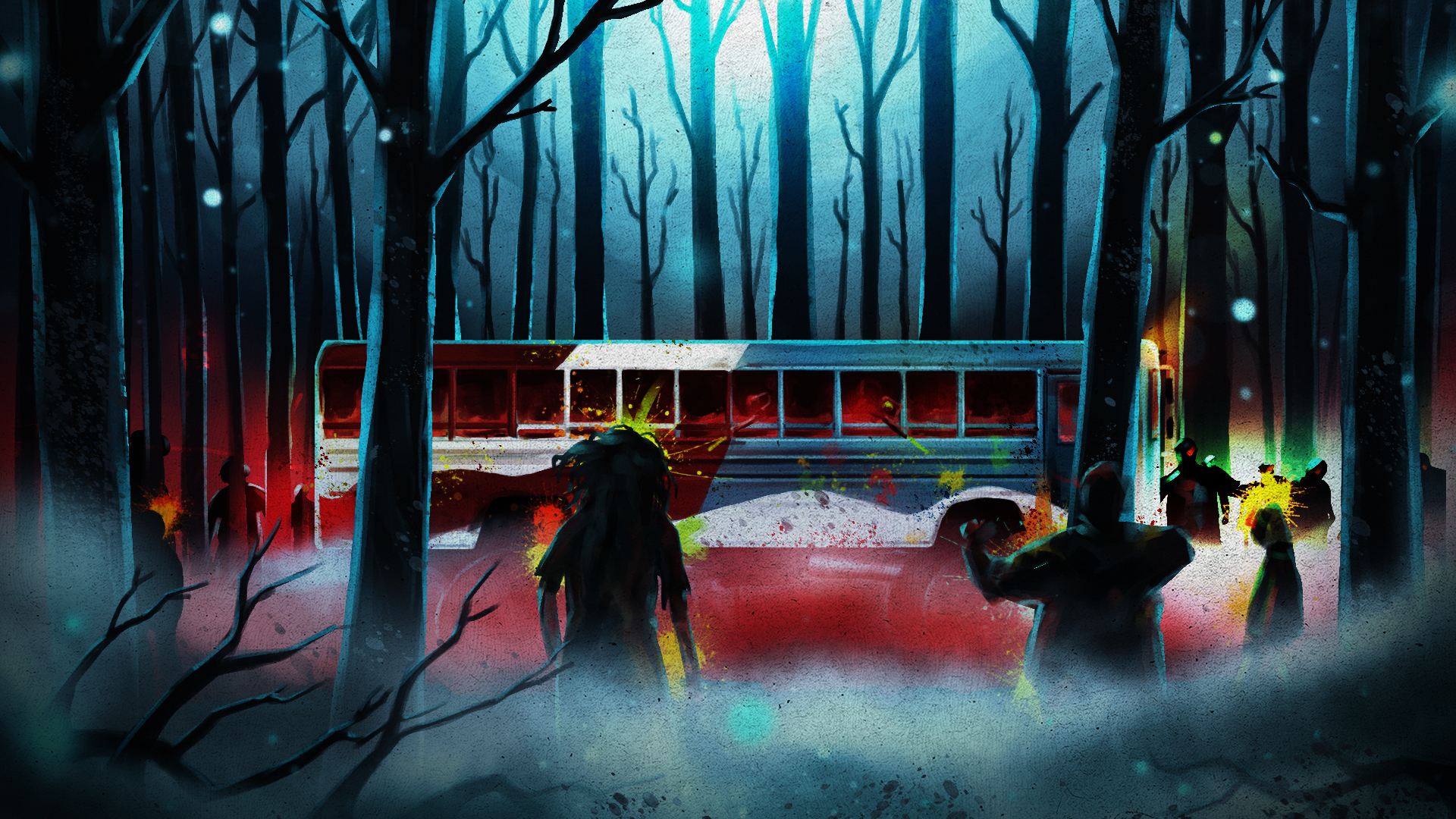 Official Zombie Purge Monster Bus artwork in a dark forest